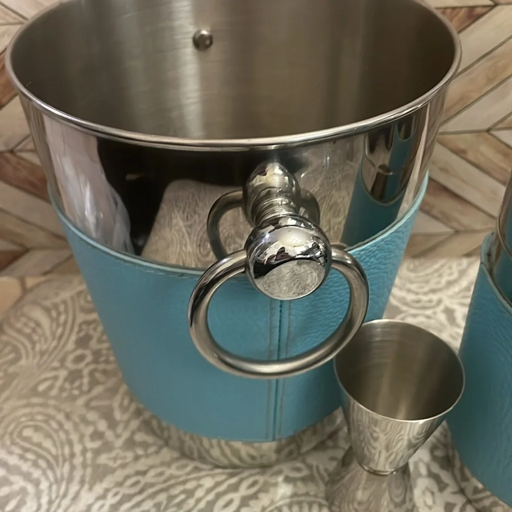 Vintage Pier 1 Imports 18/8 Stainless Steel Bar ice bucket, Shaker,double jigger
